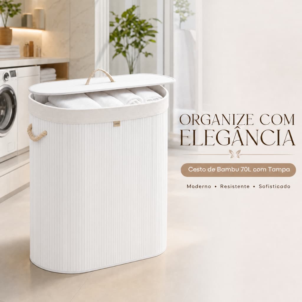 Cesto Organizador Bambu Grande 70 Litros Com Tampa Alças Durável Branco Banheiro Quarto Lavanderia