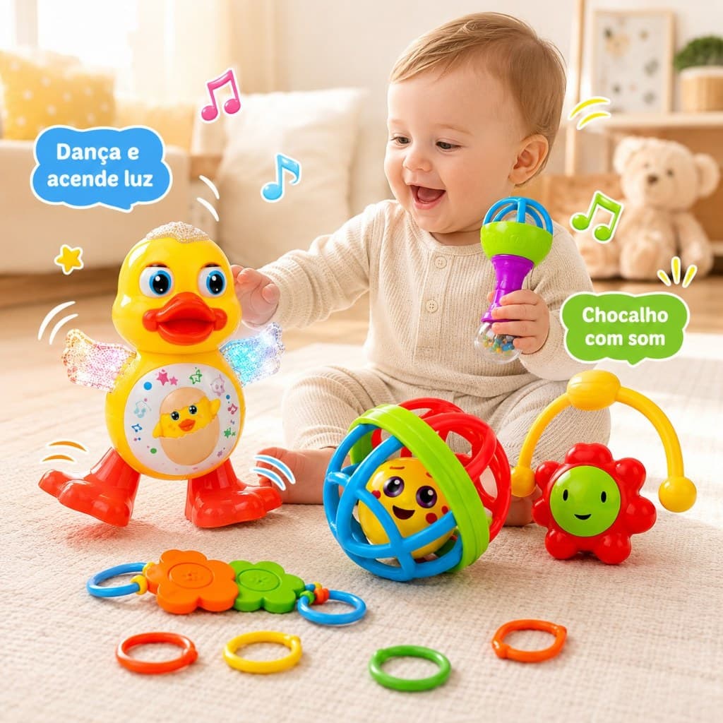 Brinquedos Kit 8 Peças Chocalhos Sensoriais Infantil + Pato Dance Musical com Luzes LED Brinquedos Coloridos Educativos