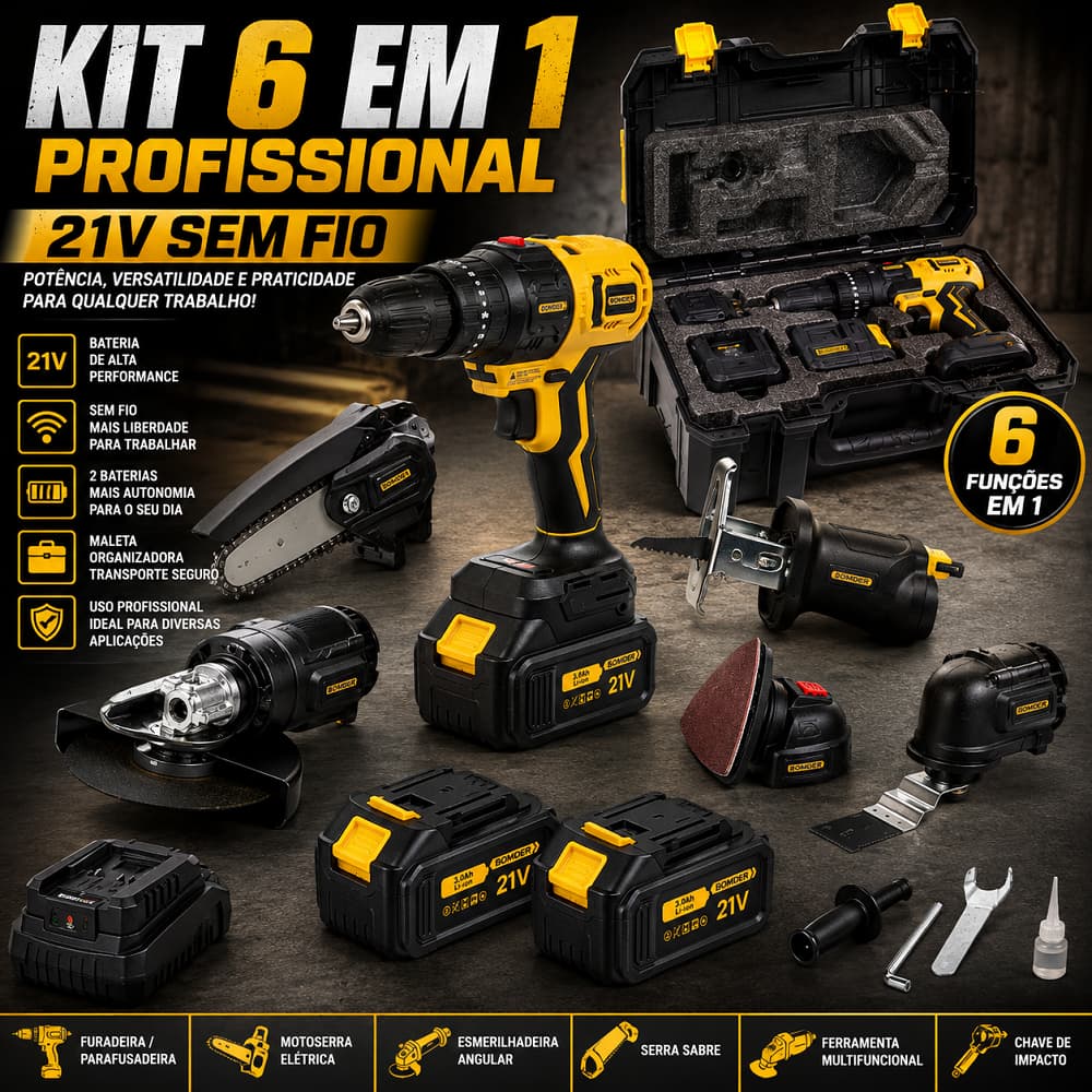 Kit 6 em 1 Furadeira Parafusadeira 21V Sem Fio Recarregável Multifucional Motosserra Esmerilhadeira Profissional