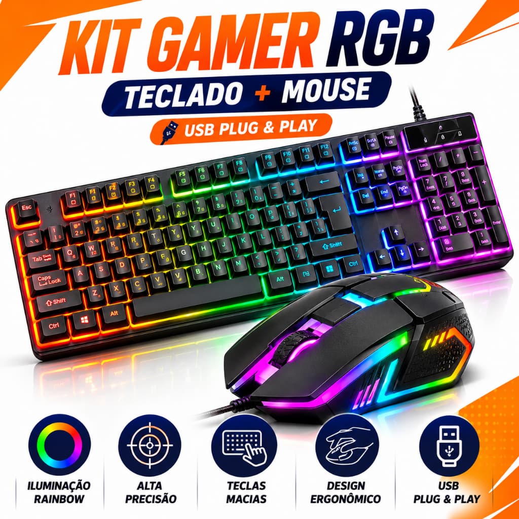 Kit Gamer RGB Teclado Semi Mecânico + Mouse Gamer LED USB PC Notebook