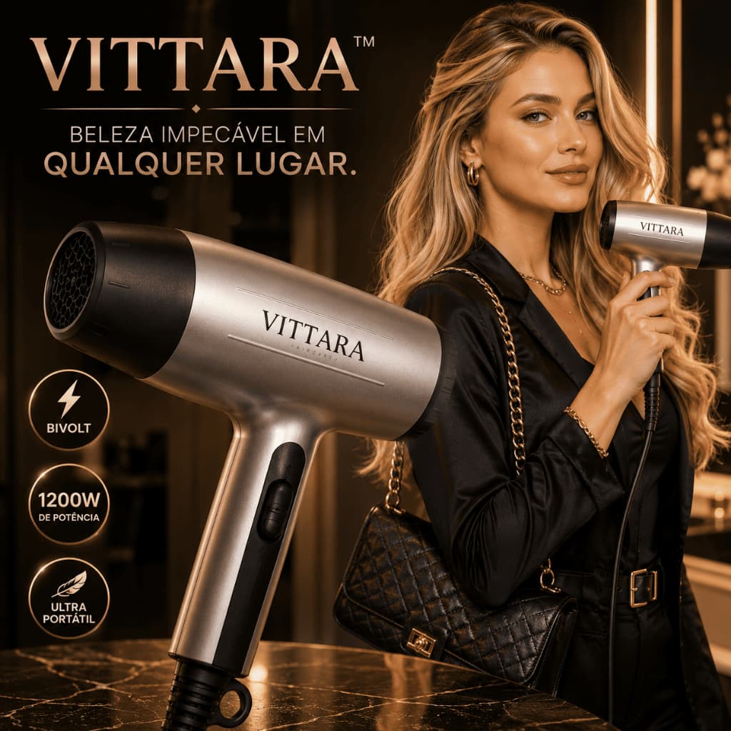 Secador de Cabelo Portátil Vittara™ 1200W Bivolt Dobrável Compacto Profissional para Viagem Academia e Uso Diário