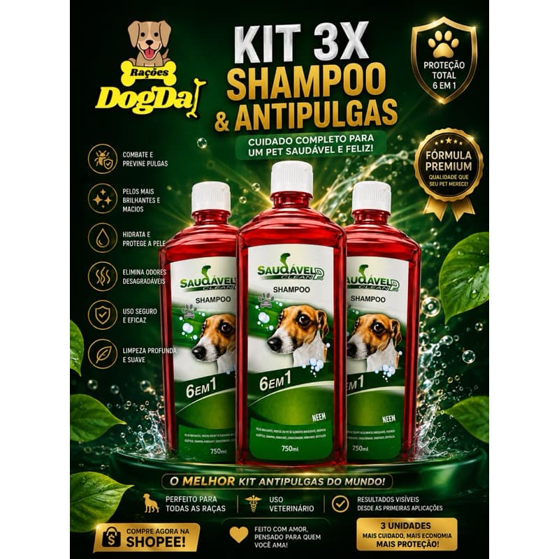 Shampoo SAUDÁVEL PRO CLEAN Plus 6 em 1 para Cães | Antipulgas, Carrapatos, Piolhos e Sarnas | 750ml