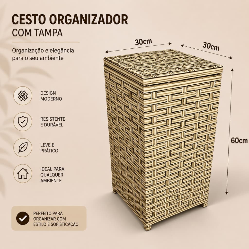 Cesto Organizador Roupa Suja Fibra Sintética Com Tampa 30x30x60 Lavanderia Banheiro
