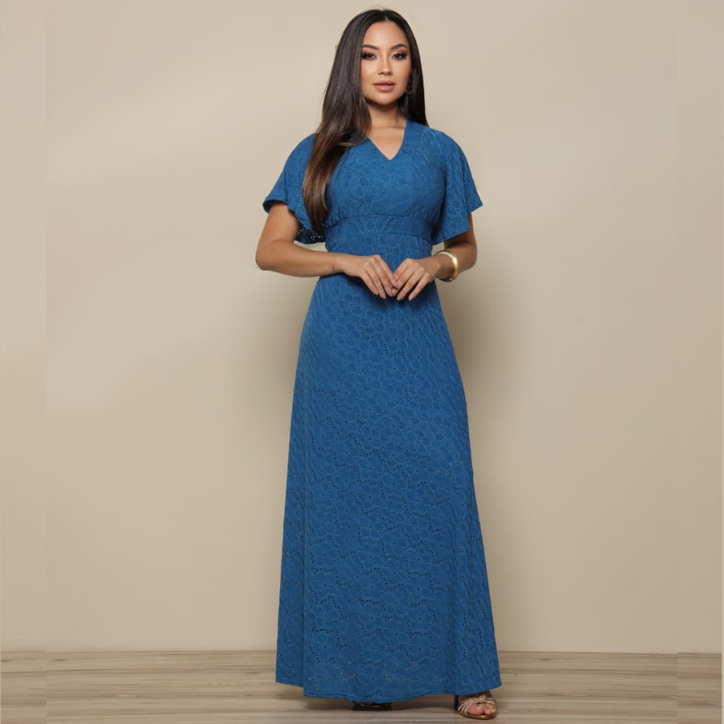 Vestido Longo em Laise Premium Feminino Elegante Decote V Rodado Moda Evangélica
