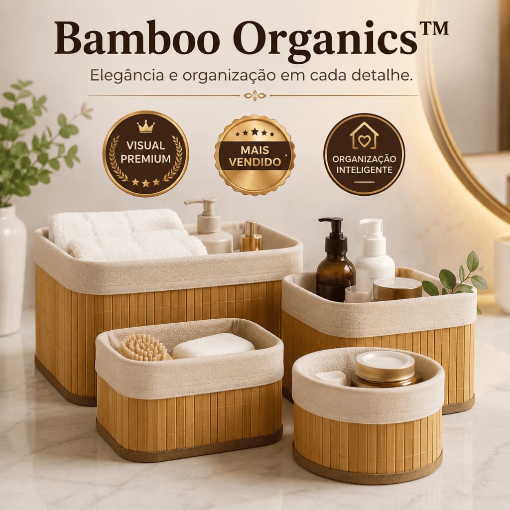 Organizadores em Bambu Multiuso kit 4 cestos Bamboo Organics™ | Organizador Premium para Banheiro, Cozinha e Escritório.