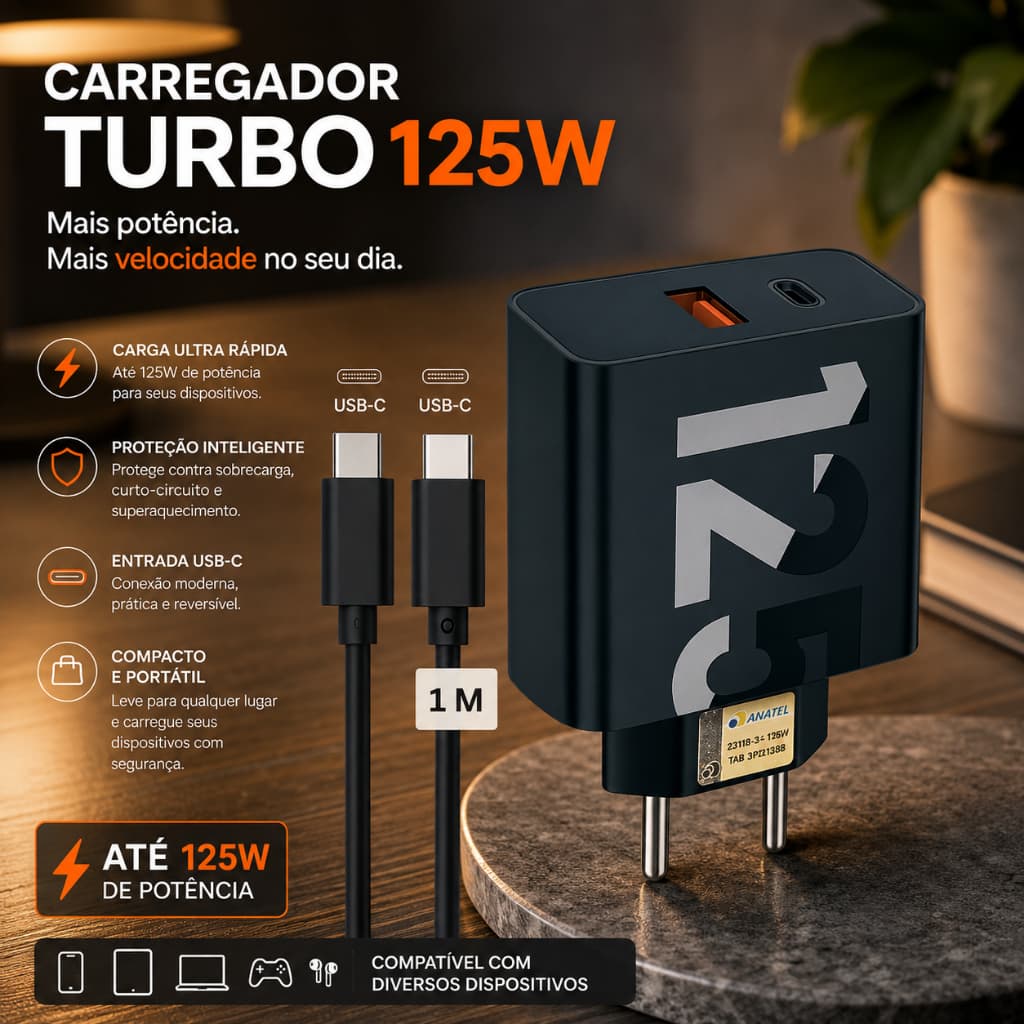 {ORIGINAL} Kit Carregador Turbo 125W Fonte + Cabo Duo Tipo C Para Celular Android Carregamento Super Rápido Bivolt
