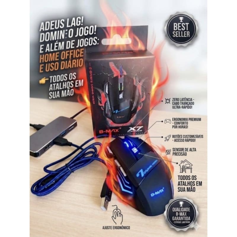 Mouse Gamer B-MAX X7 RGB USB 7 Botões 3200DPI Ajustável Double Click LED Gamer PC Notebook