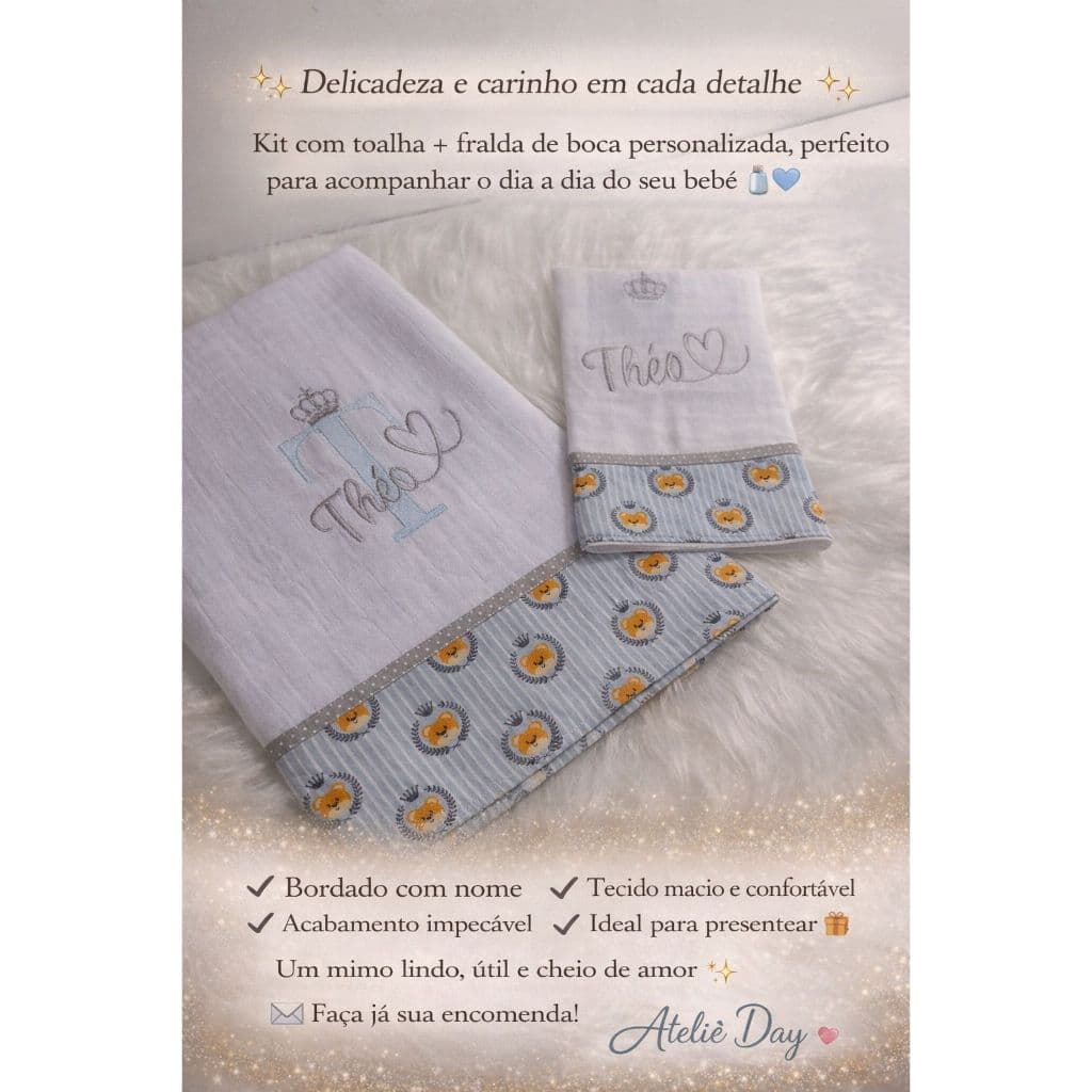 Fralda de Boca e de Ombro Personalizado com nome Tema Bordado/Presente Bebê/Enxoval Recém Nascido
