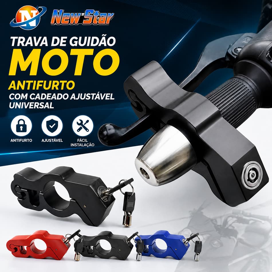 New Star Trava de Guidão Moto Antifurto com Cadeado Ajustável Universal