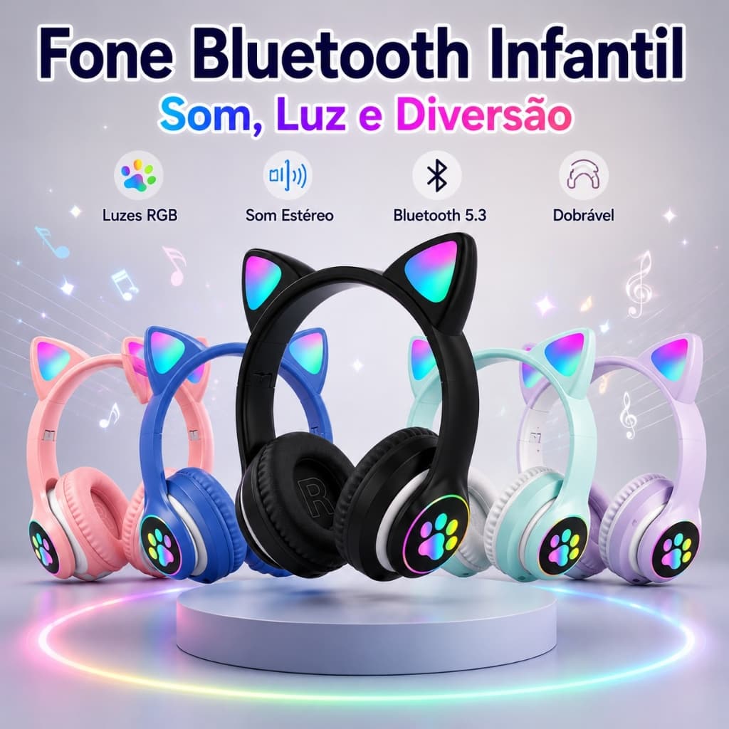 Headphone Bluetooth Orelha de Gato Infantil LED RGB Sem Fio Fone Gatinho