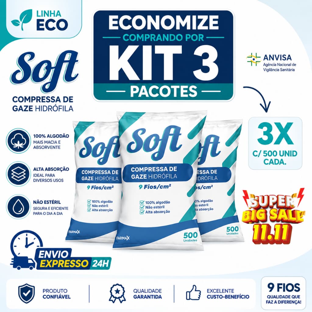 Kit 3 Compressa De Gaze 9 Fios 1500 Unidades Soft Hidrófila Gazes Descartável Anvisa