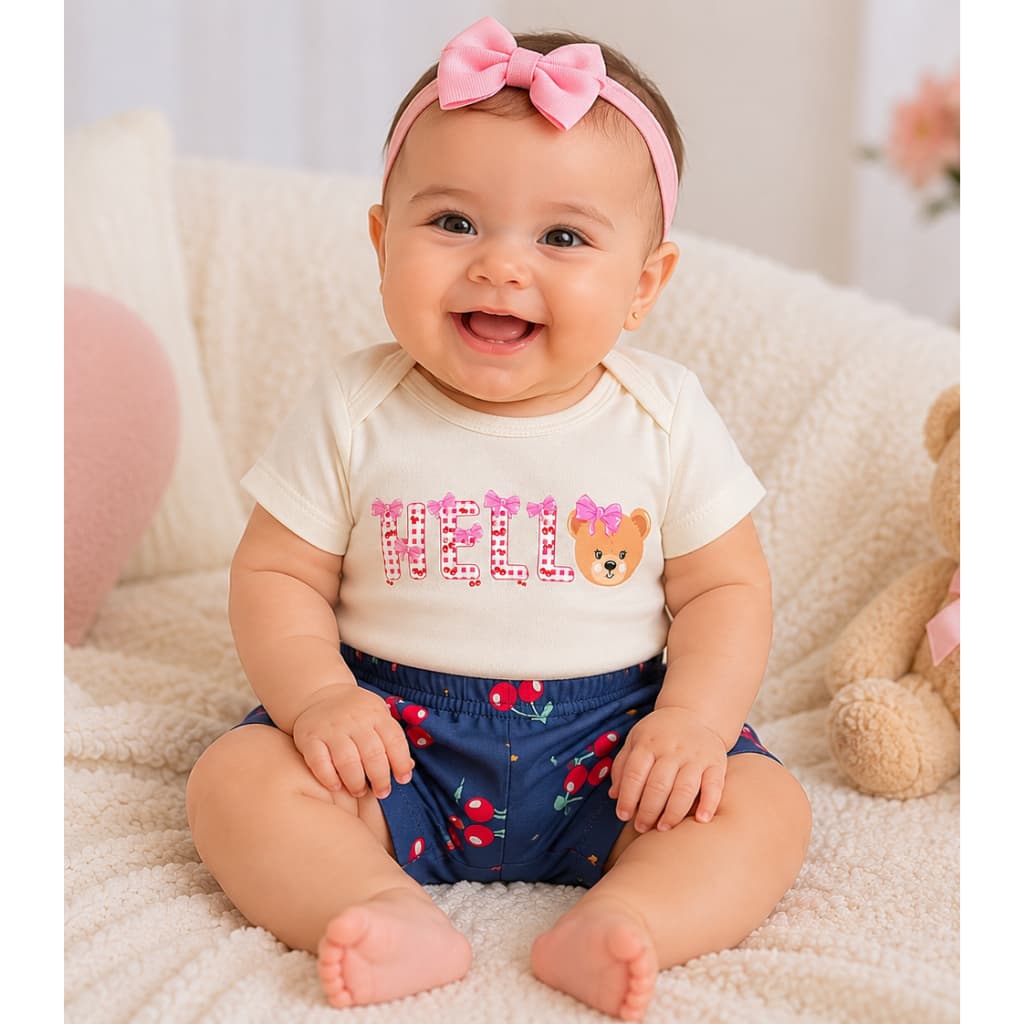 Conjunto Bebê Menina Body em Suedine C/Estampa e Shorts em Poliflex Estampa Cerejinha Zupa Zuka