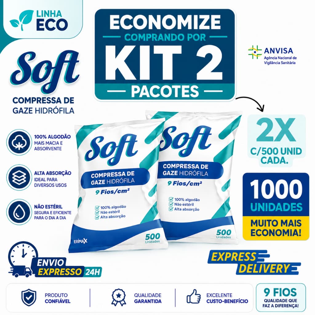 Kit 2 Compressa De Gaze 9 Fios 1000 Unidades Soft Hidrófila Anvisa Gazes Descartável