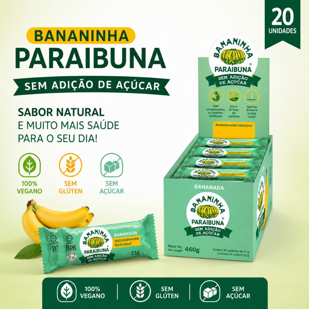 Bananinha Paraibuna Sem Açúcar 20un Vegana Sem Glúten Saudável Zero Açúcar