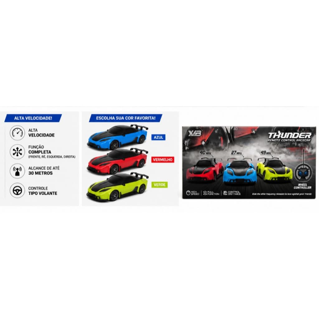 Carrinho Controle Remoto Thunder RC Azul 27MHz Alta Velocidade + Controle Volante