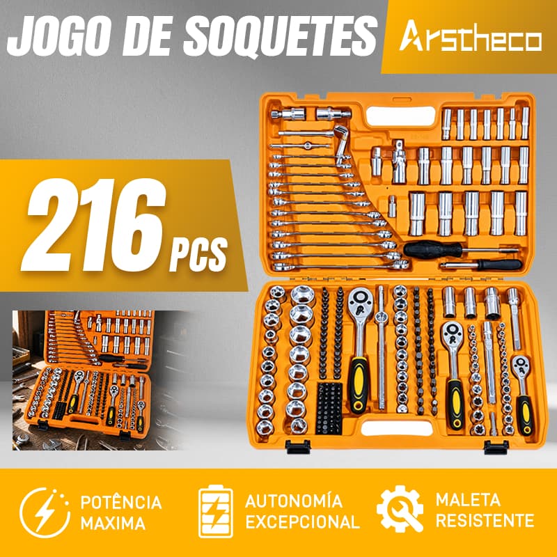 Kit de Ferramentas 61-216 Peças profissional jogo chave combinada soquetes e catraca grande