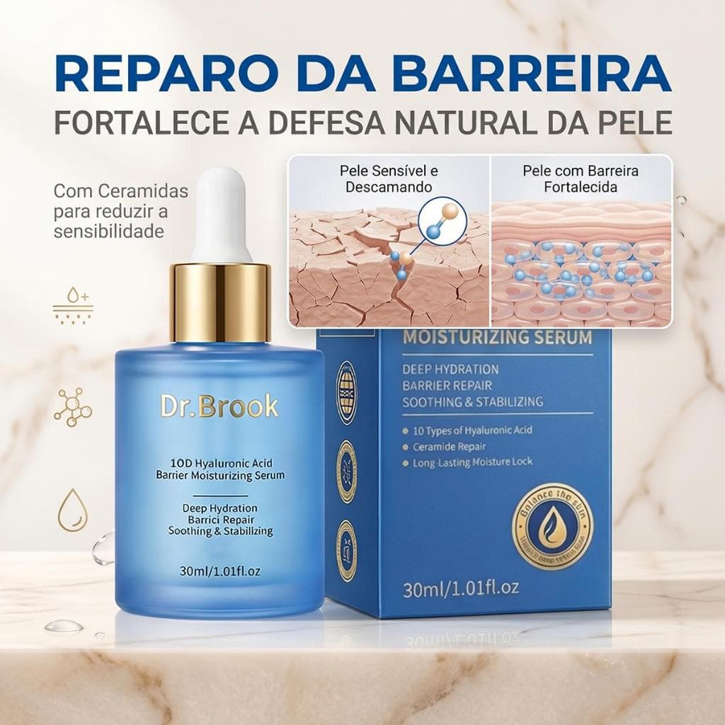 Linha Dr.Brook: Sérum Hialurônico, Balanceador e Óleo Anti-Idade, para pele hidratada, equilibrada e jovem.