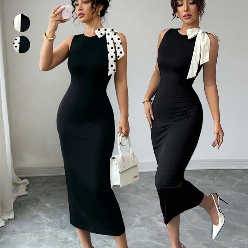 Vestido Elegante Feminino Vestido Tubinho Feminino com Bloco de Cor e Gola de Gravata Vestidos