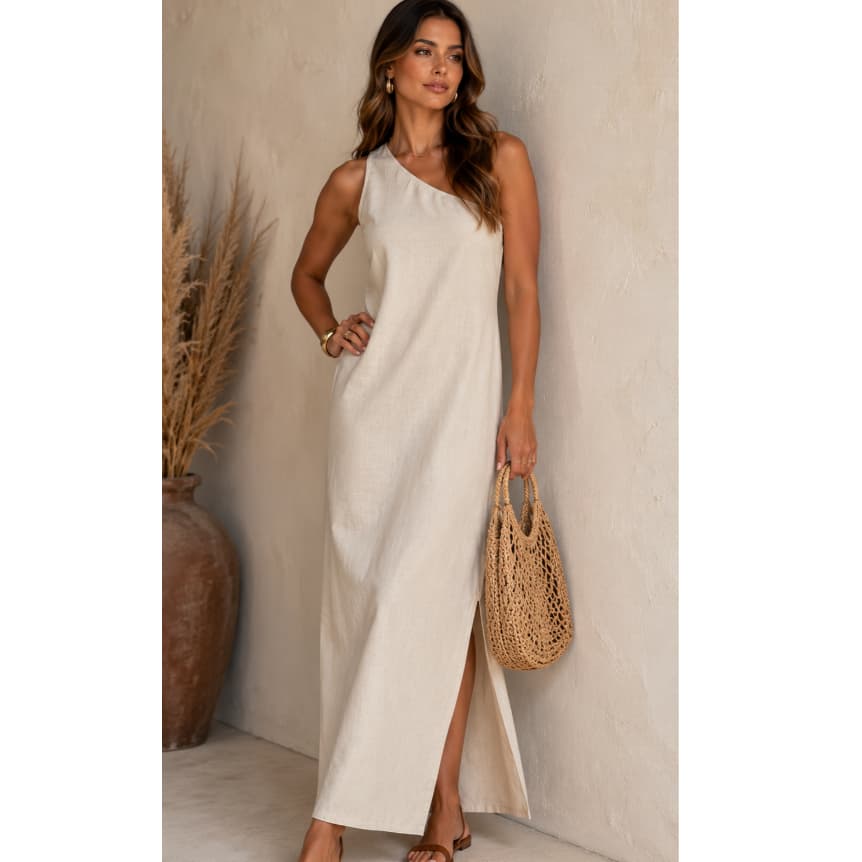 Vestido Longo Assimetrico Feminino em Linho com ziper nas costas Bolsos Laterais funcionais