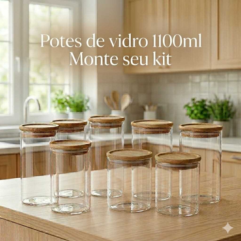 Kit 4 Potes Herméticos Vidro 1100ml Tampa Bambu Vedação Para Temperos Mantimentos e Condimentos