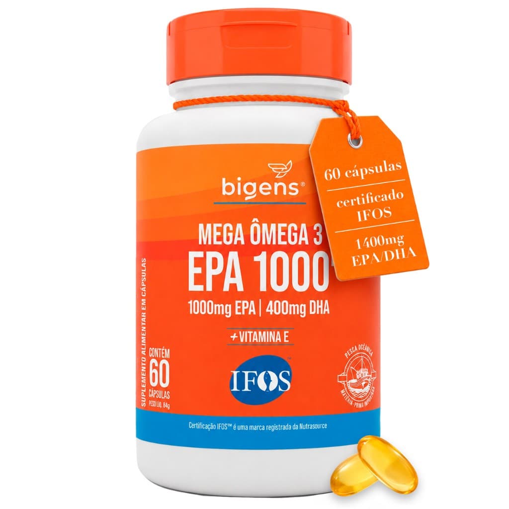Mega Omega 3, EPA 1000mg DHA 400mg, com vitamina E, Certificado IFOS, 60 cápsulas, Bigens