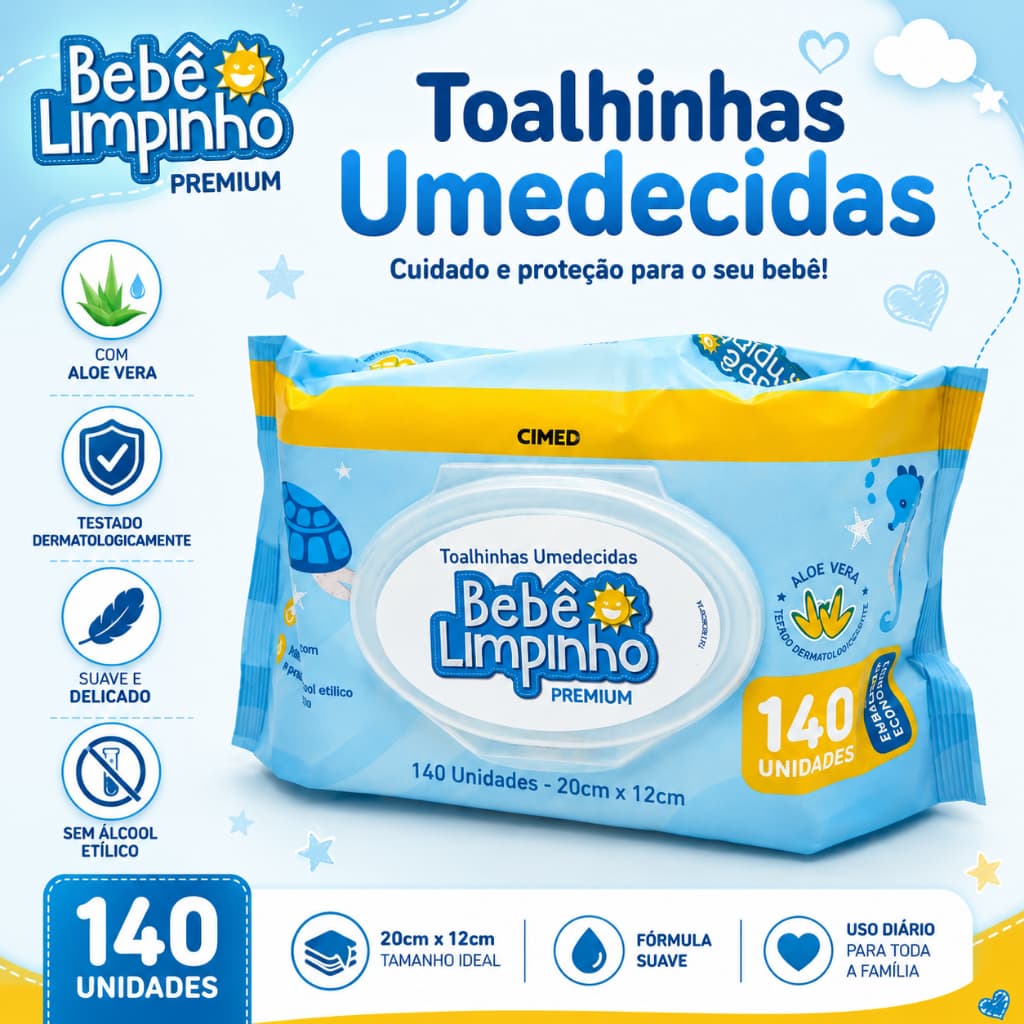 Toalha Umedecida Bebê Limpinho Cimed 140 Unidades Lenço Umedecido Infantil Hipoalergênico Sem Álcool Aloe Vera Limpeza