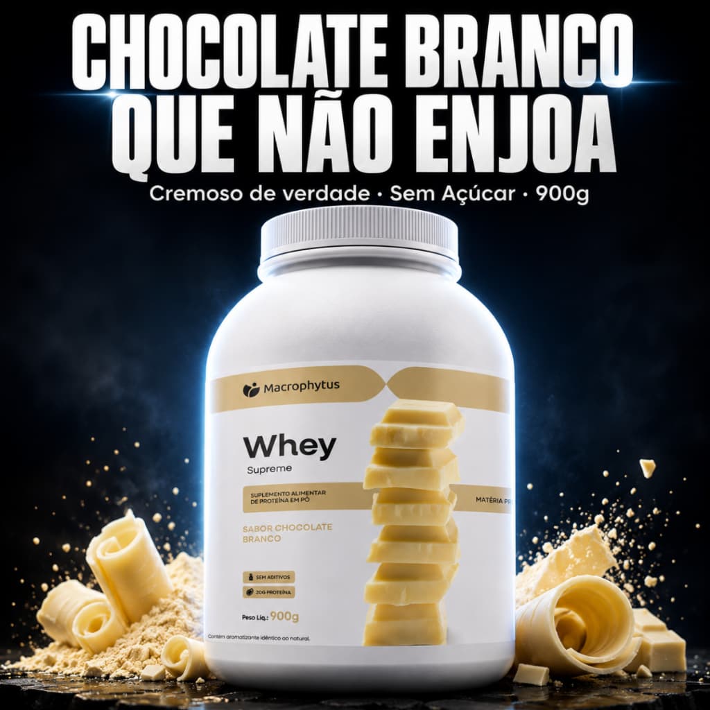 Whey Protein Chocolate Branco Supreme Cremoso Sem Açúcar 900g Que Não Enjoa