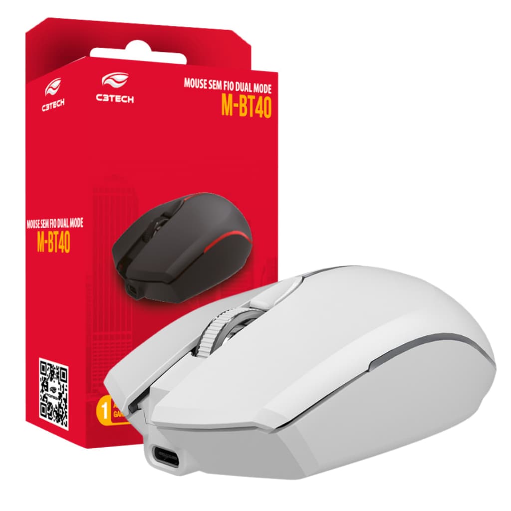 Mouse Bluetooth ou Receptor 2.4Ghz Dual Mode Sem Fio Recarregável via USB-C Plug And Play 4 Botões