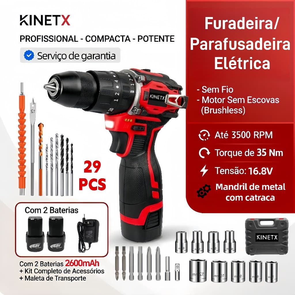 KINETX Sem Fio Furadeira e Parafusadeira Motor Brushless 16.8V Com 2 Baterias 2600mAh 29 Acessórios Profissional