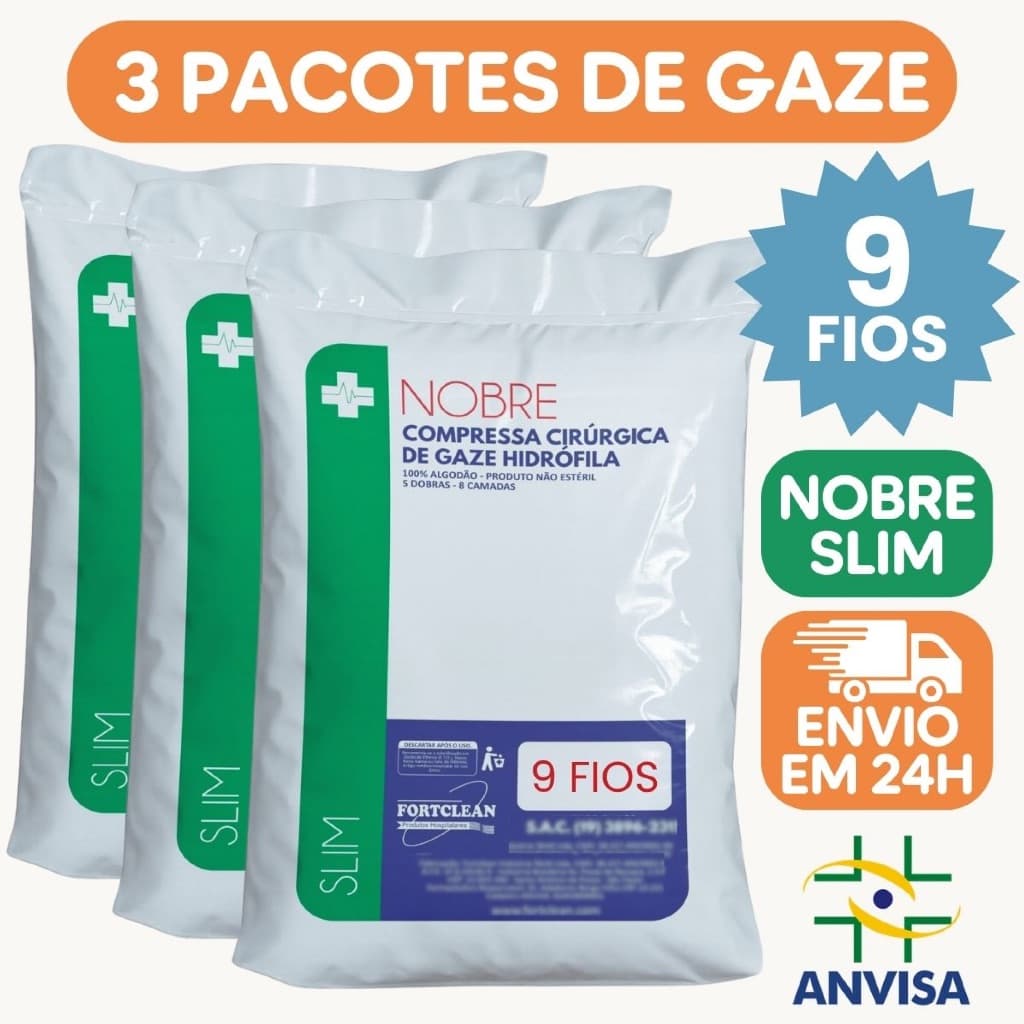 Compressas de Gaze Kit com 3 Pacotes 9 fios Nobre Slim Com Nota Fiscal e Anvisa Gazinha Curativo