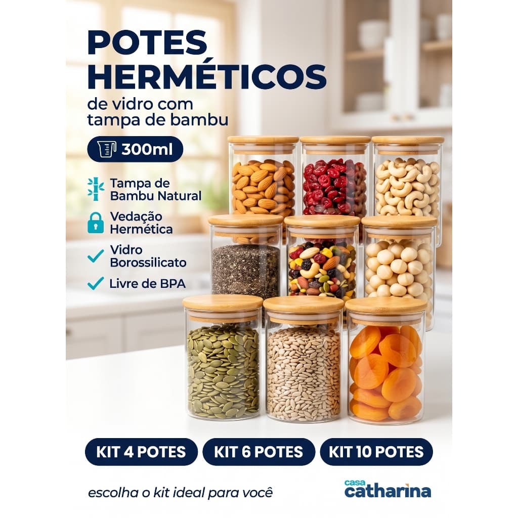 Kits 4|6|10 Potes Herméticos Vidro 300ml Tampa Bambu Vedação Para Temperos Mantimentos e Condimentos