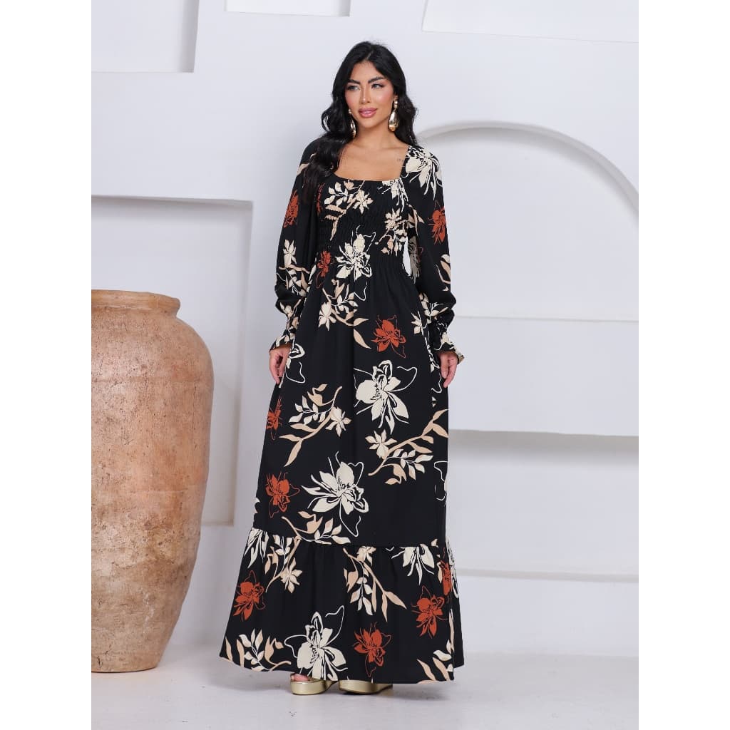 Vestido Longo Floral Feminino Manga Longa Lastex no Busto Crepenho Elegante e Confortável