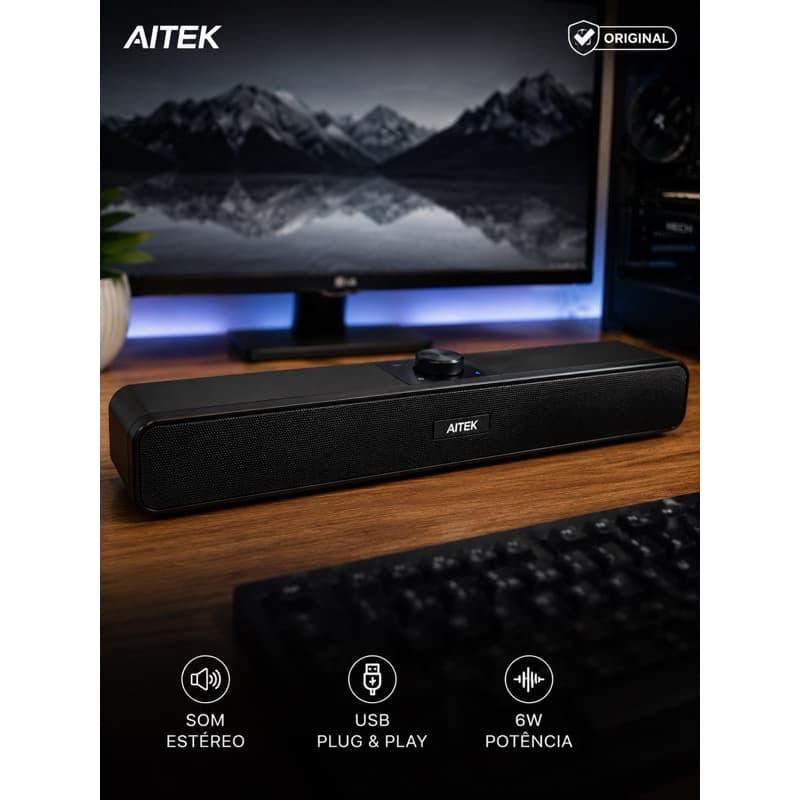 Caixa de Som Soundbar Original USB P2 6W Para PC Notebook Monitor Gamer Aitek ACS-4512