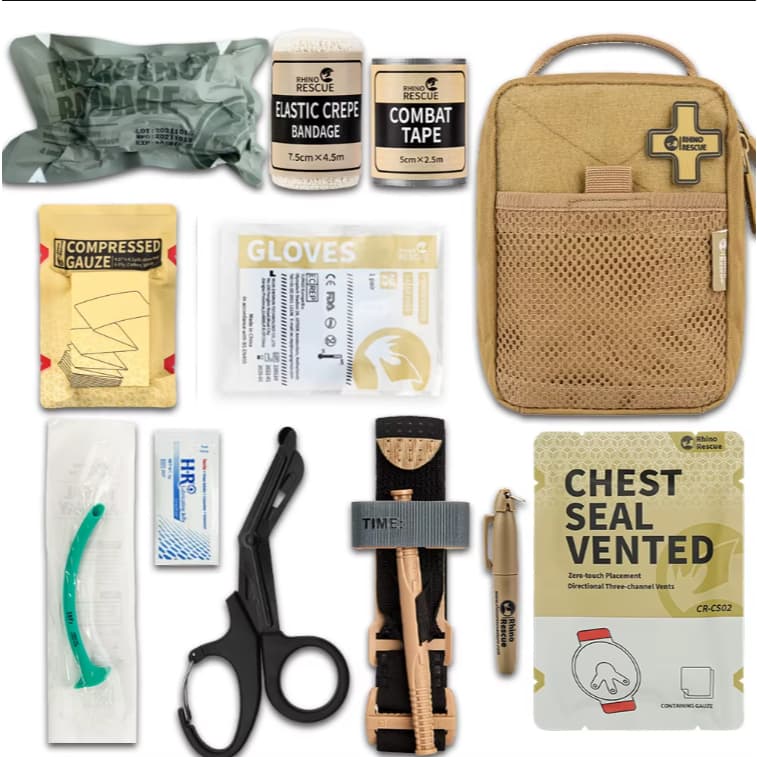 Kit Primeiros Socorros Rhino Rescue Bolsa Impermeável 12 Itens APH/IAFK Tático Camping