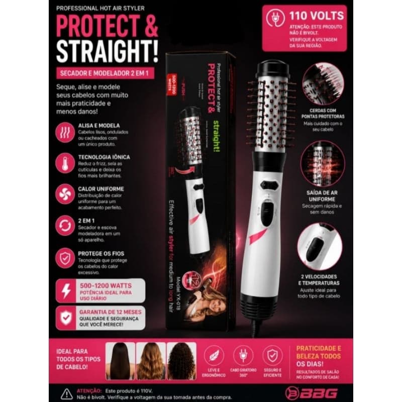 Escova Rotativa Elétrica Secador de cabelo Profissional 2 em 1/ 110Volts.