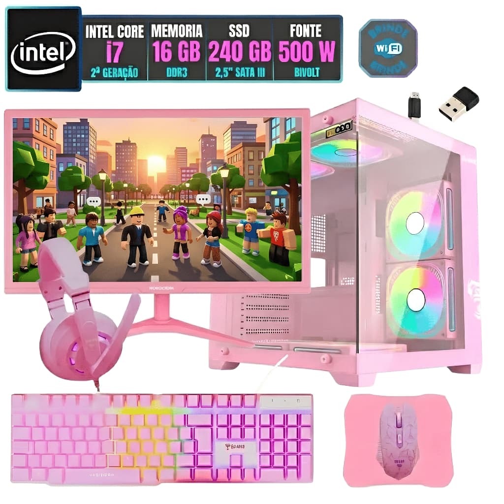 PC Gamer Completo Intel i7 16GB SSD 240GB Computador Montado Monitor 19 Gabinete e Combo Rosa Pronto