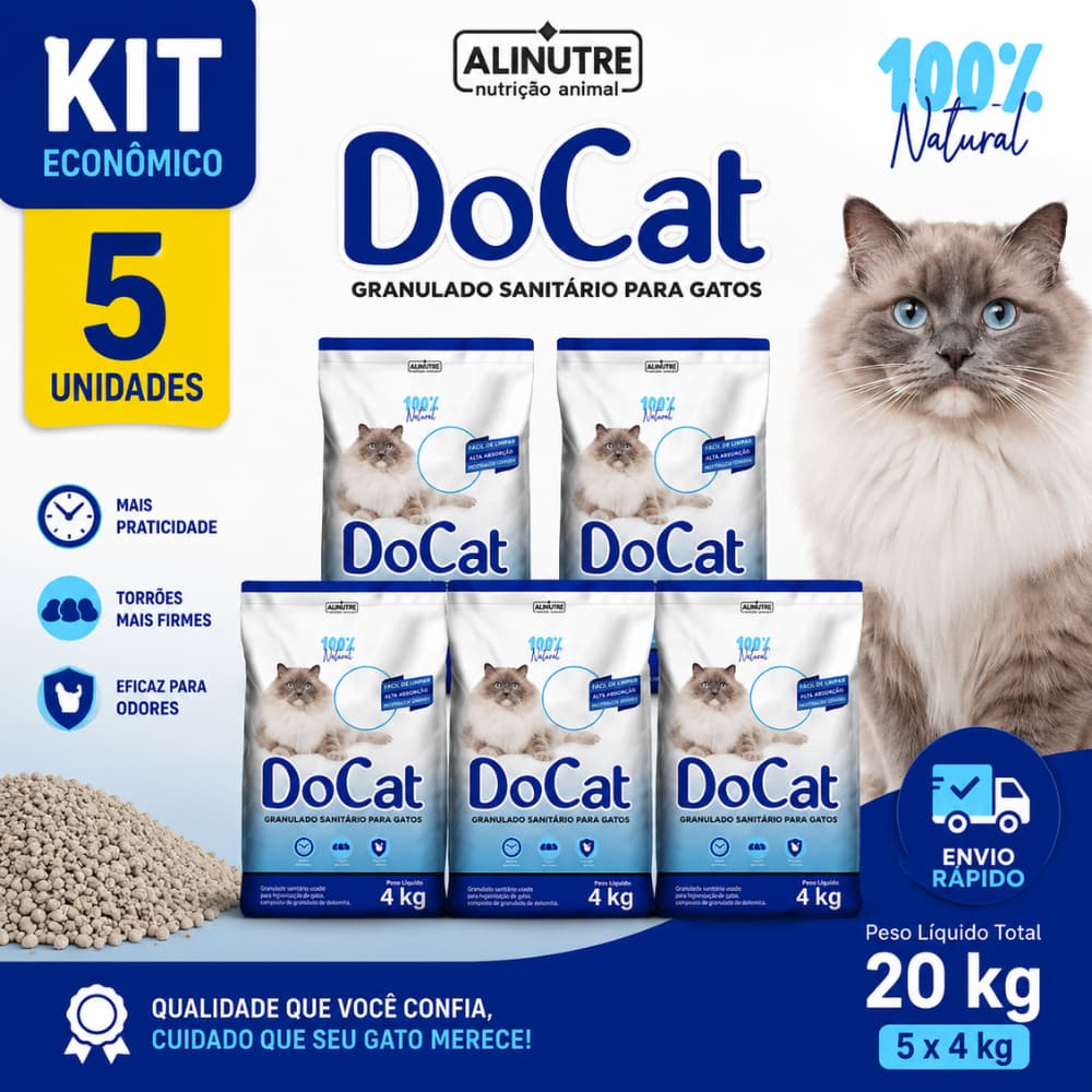 Kit Areia Sanitária 5 Unidades 4kg Gatos DoCat Alinutri Granulado 20kg  Controle Odor
