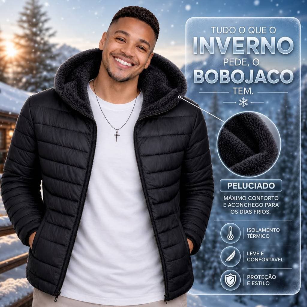 Jaqueta Peluciada Puffer Gominho com Capuz Removivel Masculina Forrada + Plus Size