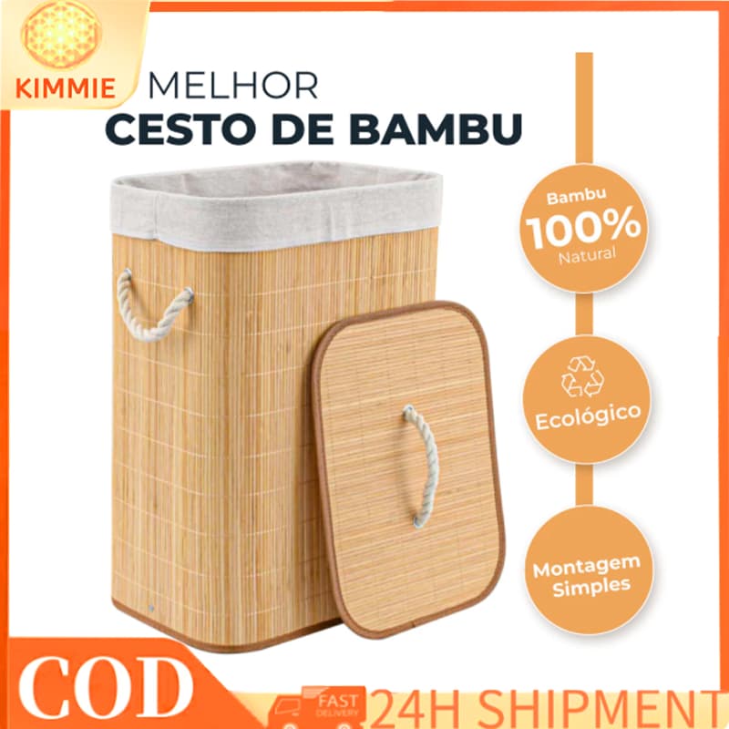 Cesto de Roupa Dobrável em Bambu 50 Litros - Organizador de Roupas para Banheiro e Lavanderia com Forro Removível