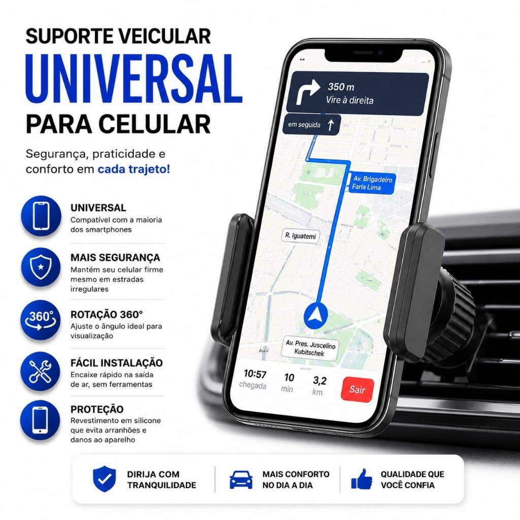 Suporte Veicular Universal para Celular De Carro - Saída de Ar, Ajustável, Fácil de Instalar