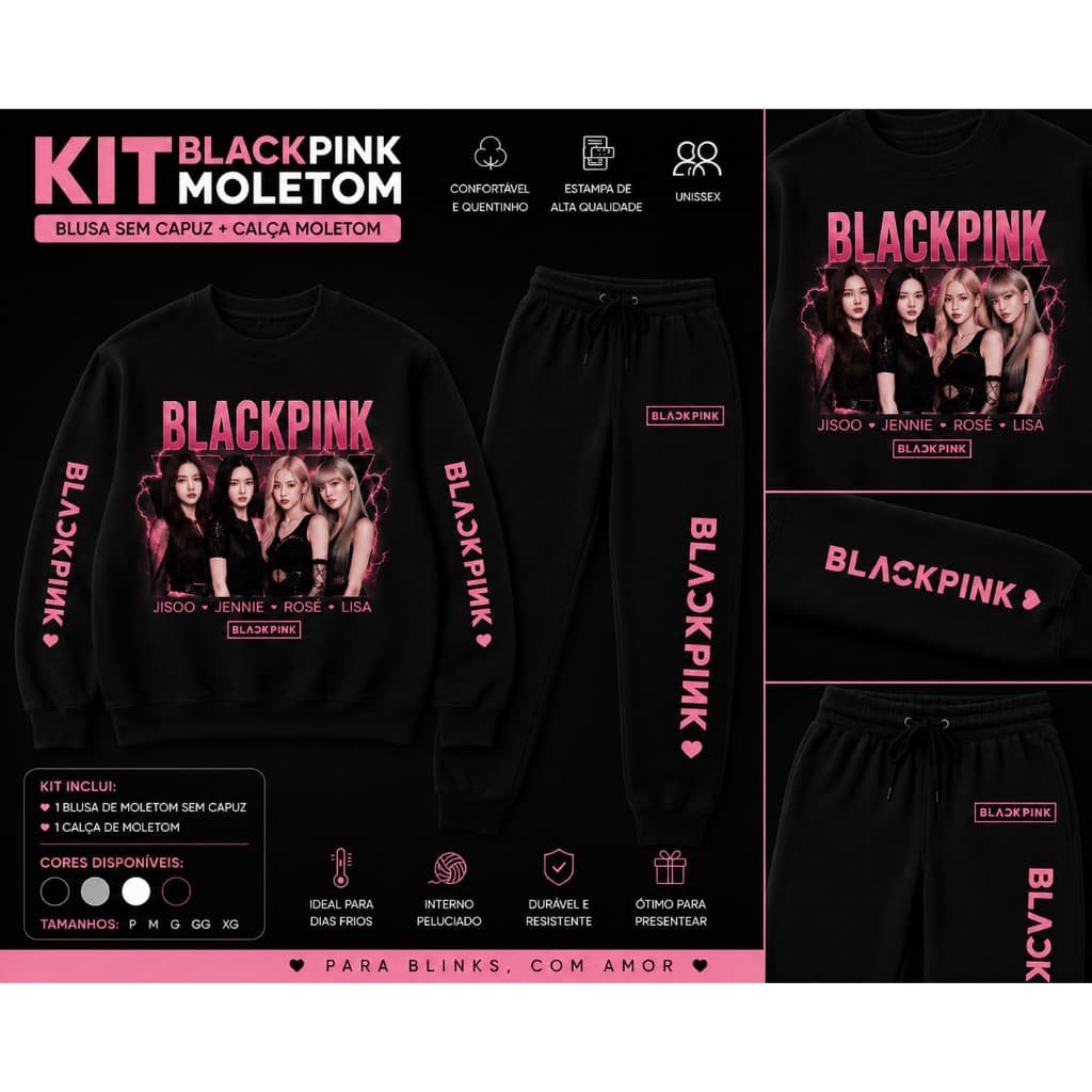 Conjunto Blackpink Moletom Gola Careca + Calça Moletom Algodão Premium