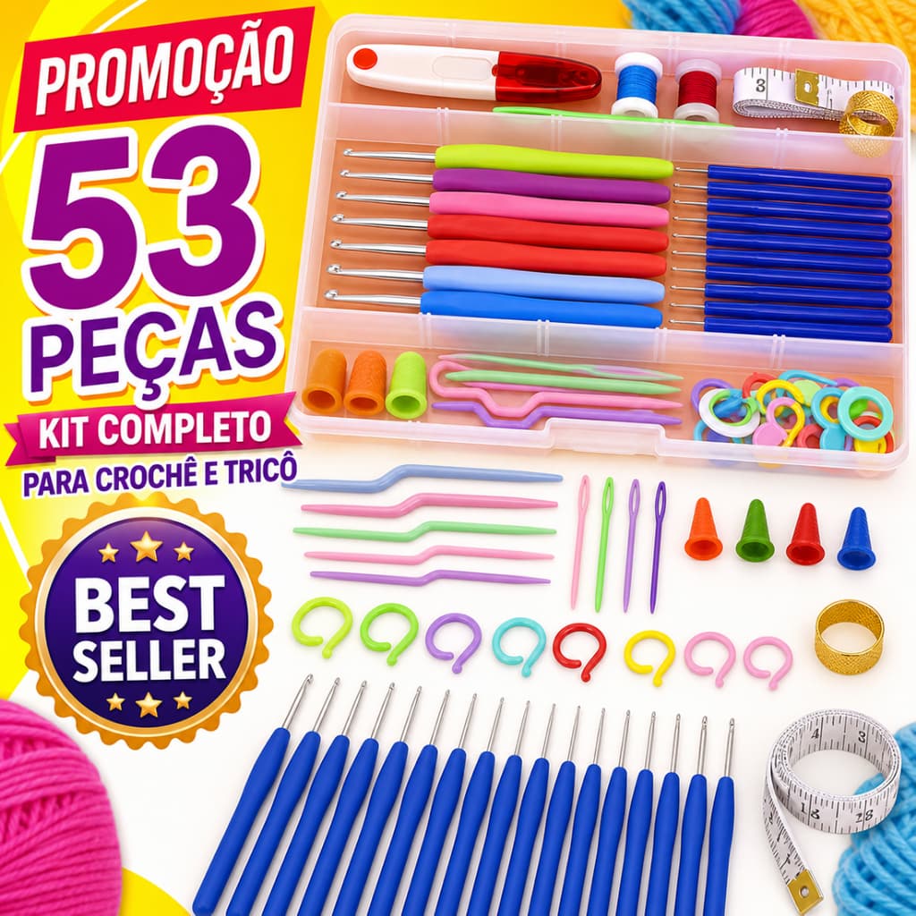 Kit Croche Completo 53 Pecas Agulhas Cabo Soft Para Amigurumi Iniciante - Tesoura Acessorios Marcadores Estojo