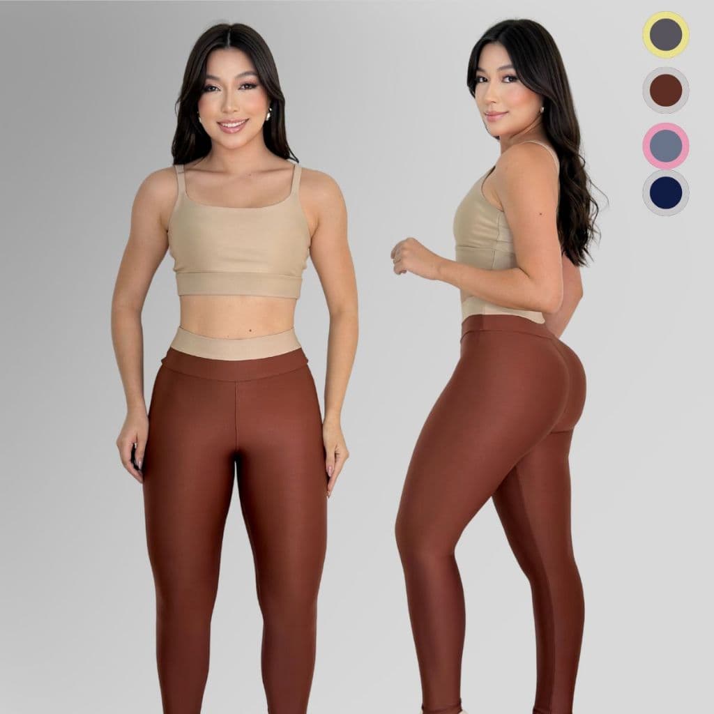 Roupa de Academia Feminina Conjunto Fitness Top e Calça Legging Suplex Bicolor Cintura Alta Treino