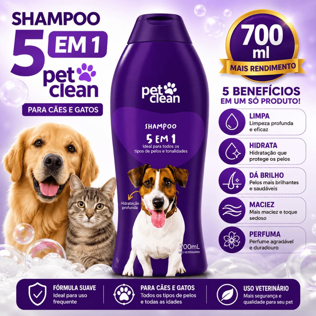 Shampoo 5 em 1 Pet Clean 700ml para Cães e Gatos Limpa Hidrata e Dá Brilho
