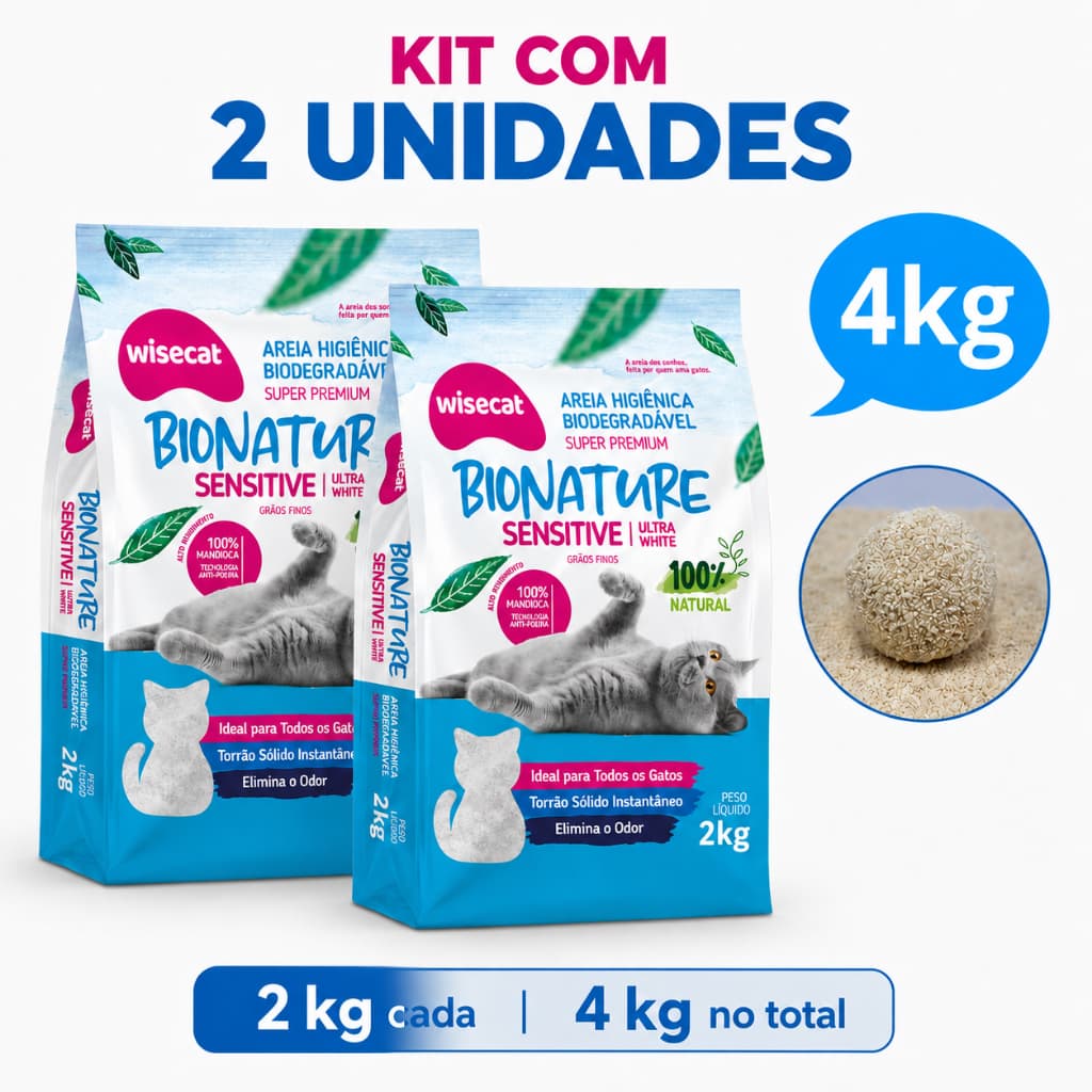 Kit 2 Areia Sanitária De Mandioca Grãos Finos Para Gatos Biodegradável Wisecat 2kg