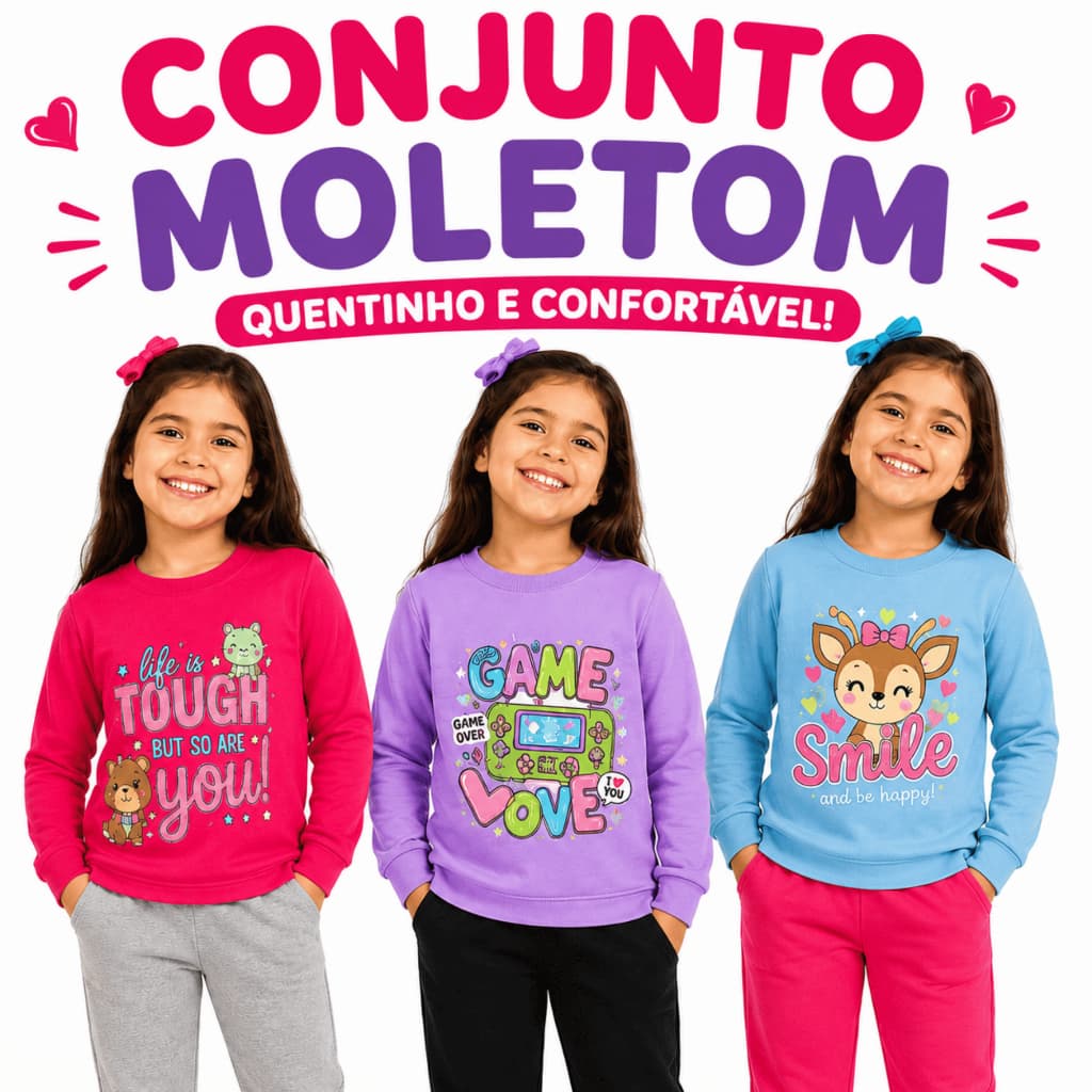 Conjunto Moletom Infantil Menina Inverno 1 ao 8 anos Quentinho Manga Longa Blusa Calça Conjunto Moletom Infantil Promoçã