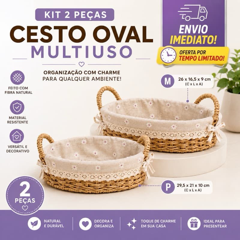 Kit 2 Cestos Palha Organizadores Pães Oval 2 Tam Palha com Tecido Pães Banheiro Quarto Resistente