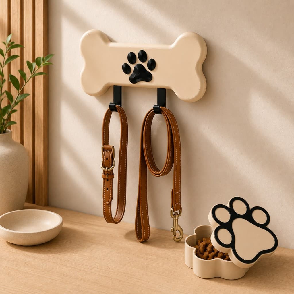 Kit Pet Suporte para Coleira e Guia + Porta Petisco Organizador Cachorro Decoração Pet