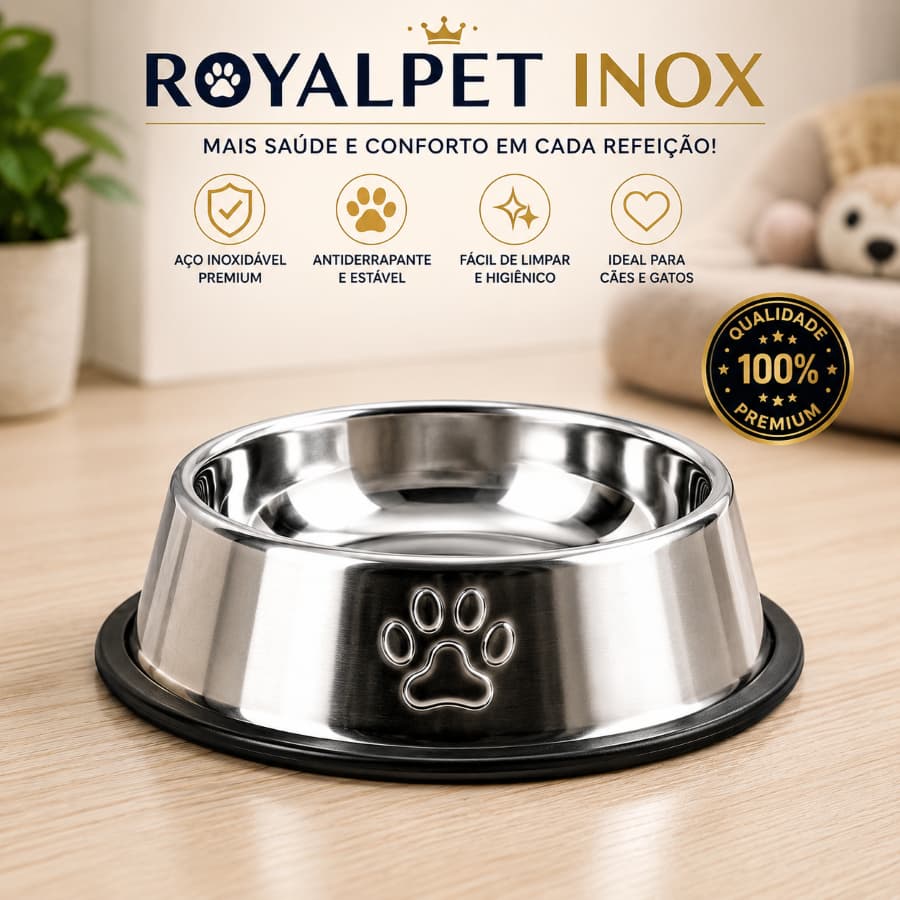 Comedouro Inox Antiderrapante para Cachorro e Gato 16cm para Água e Ração RoyalPet Inox™