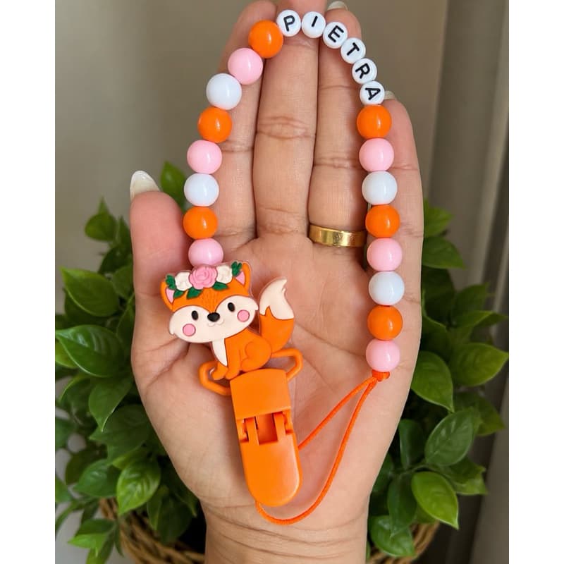 Prendedor de Chupeta Personalizado com nome | Acessório Bebê | Enxoval | Presente para bebê | Bico | Cordão Raposa